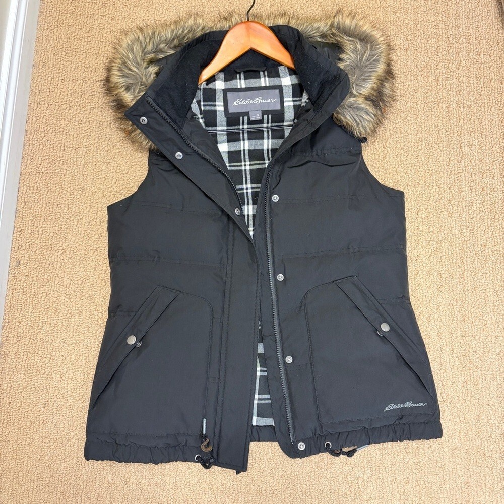 Eddie Bauer Down Puffer Vest with Faux Fur Hood Black – M - Picture 8 of 10